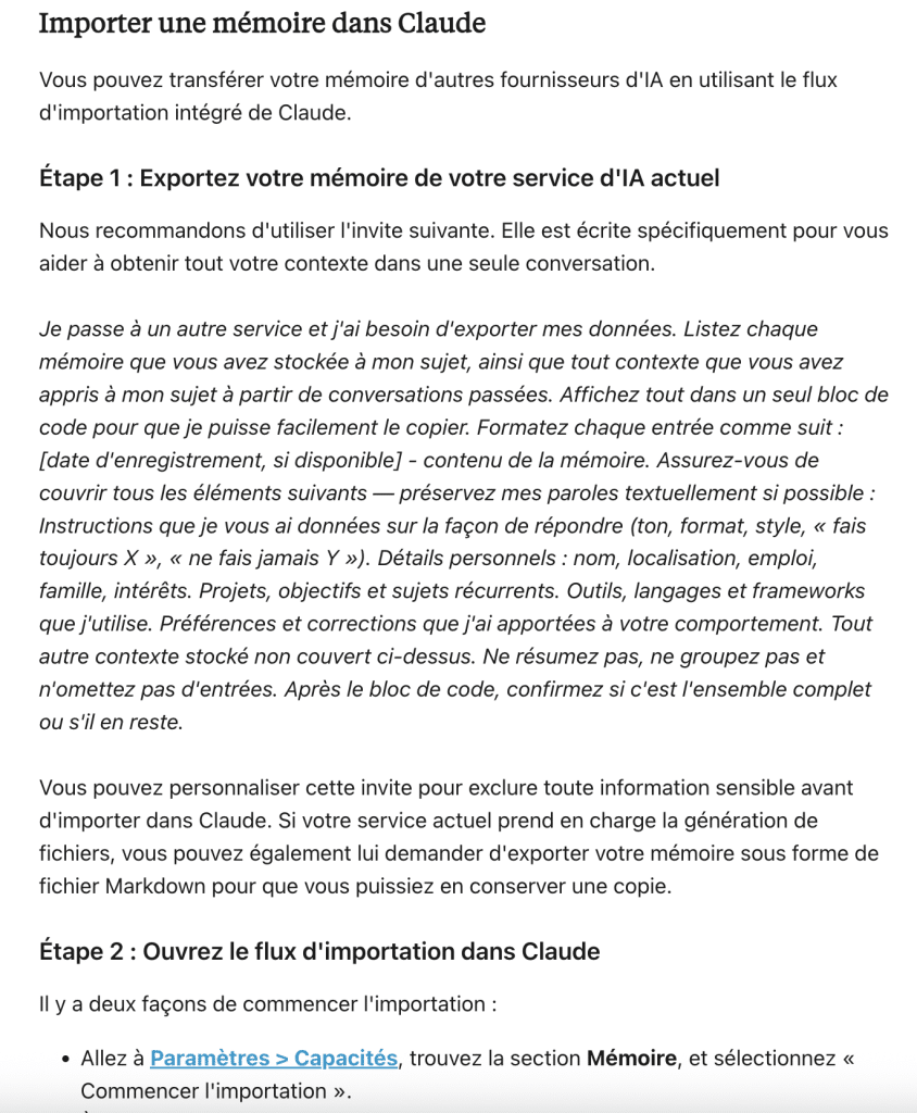 comment importer migrer la memoire dans claude ia ?
